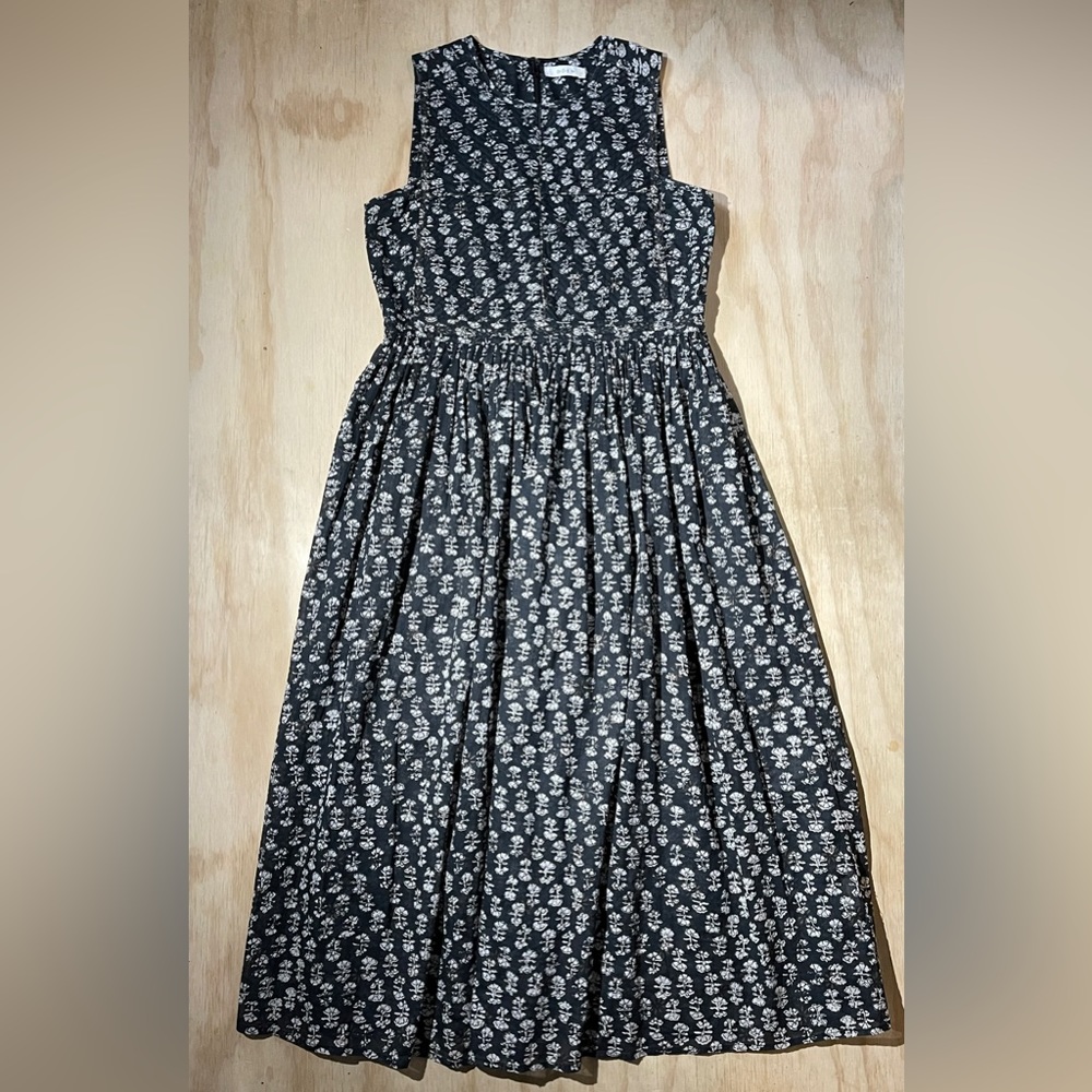Doen Tulsi Dress Black White Floral Block Print Quilted Sleeveless Midi Sz Large